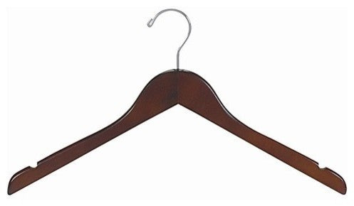 Flat Wood Dress or Shirt Hanger, Walnut and Chrome, Set of 25