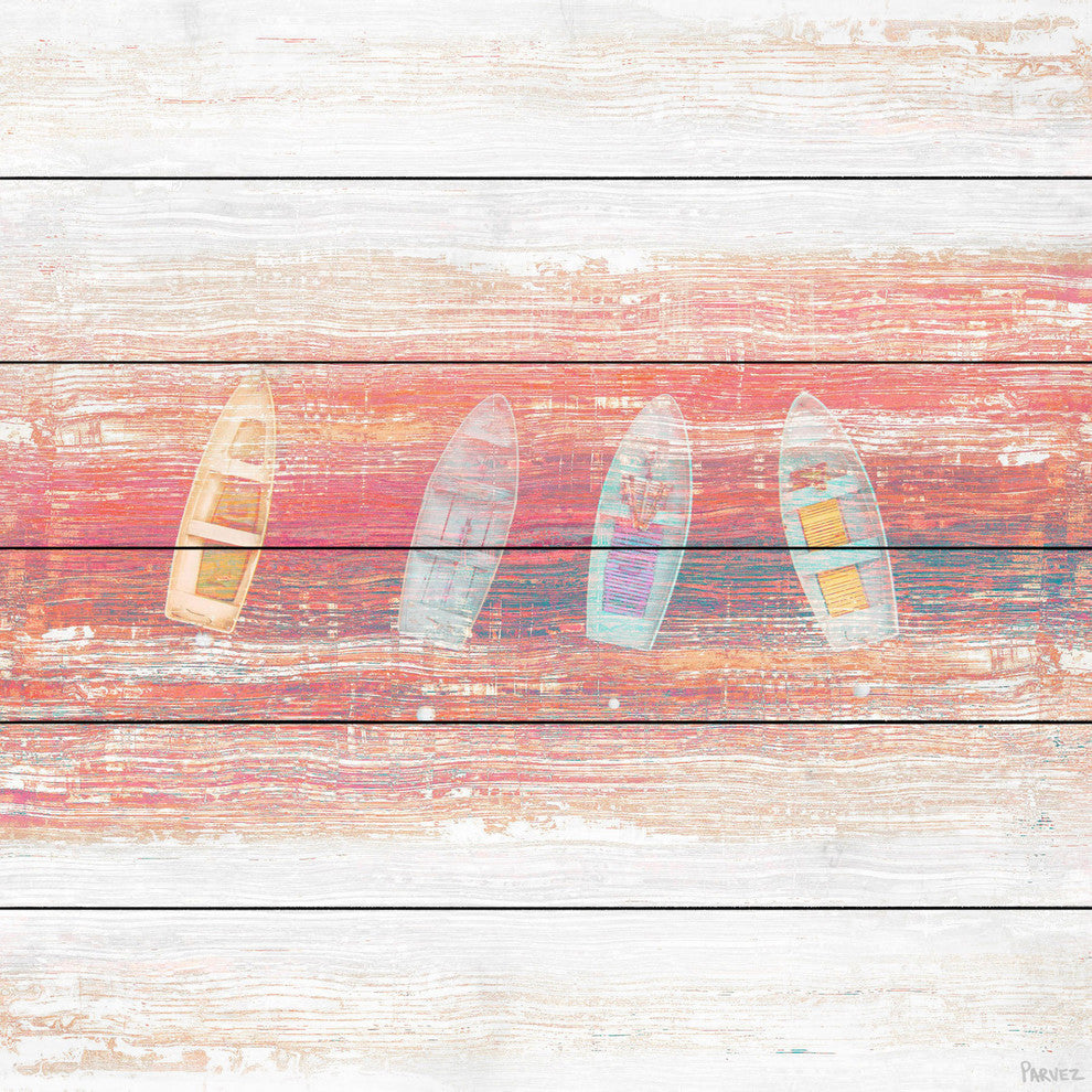 "Four Small Boats" Painting Print on White Wood, 32"x32"