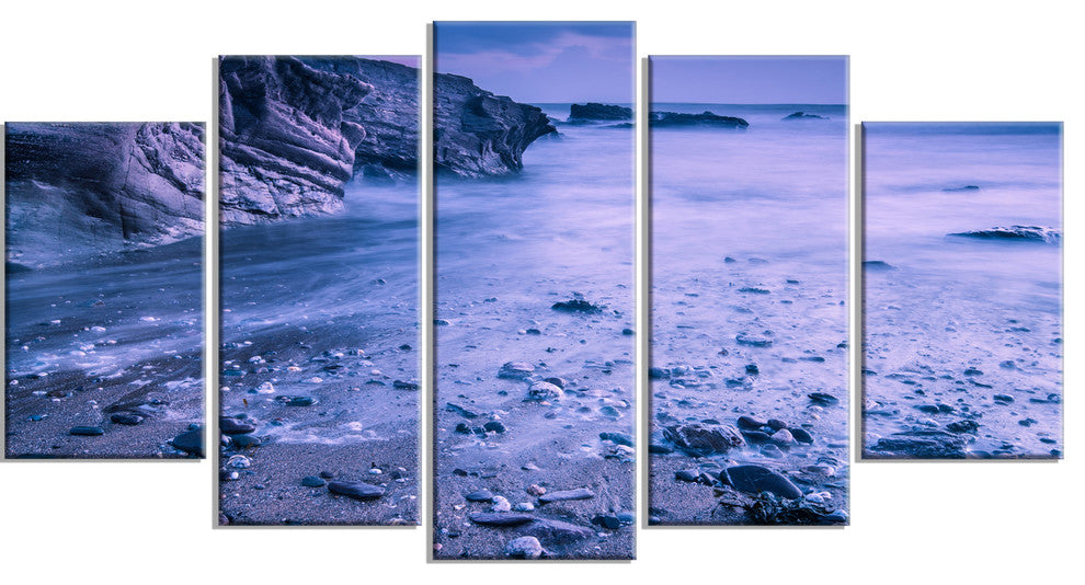 Calm Time Lapse on Beach at Sunset, Seashore Canvas Wall Art, 60"x32", 5 Panels