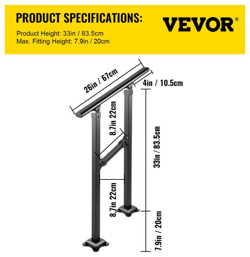 VEVOR Outdoor Stair Railing Transitional Wrought Iron Handrail, 7.9 Inch, 1 Step