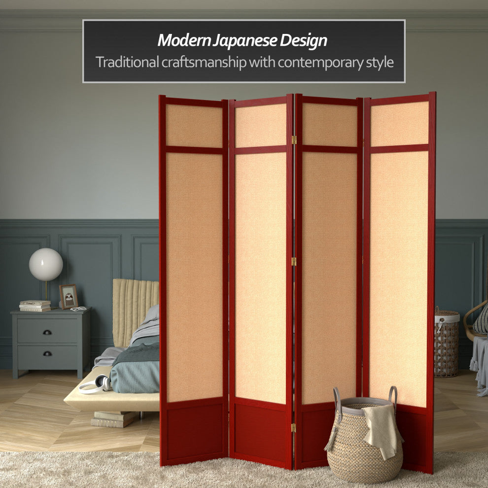 7' Tall Jute Shoji Screen, 4 Panel, Rosewood