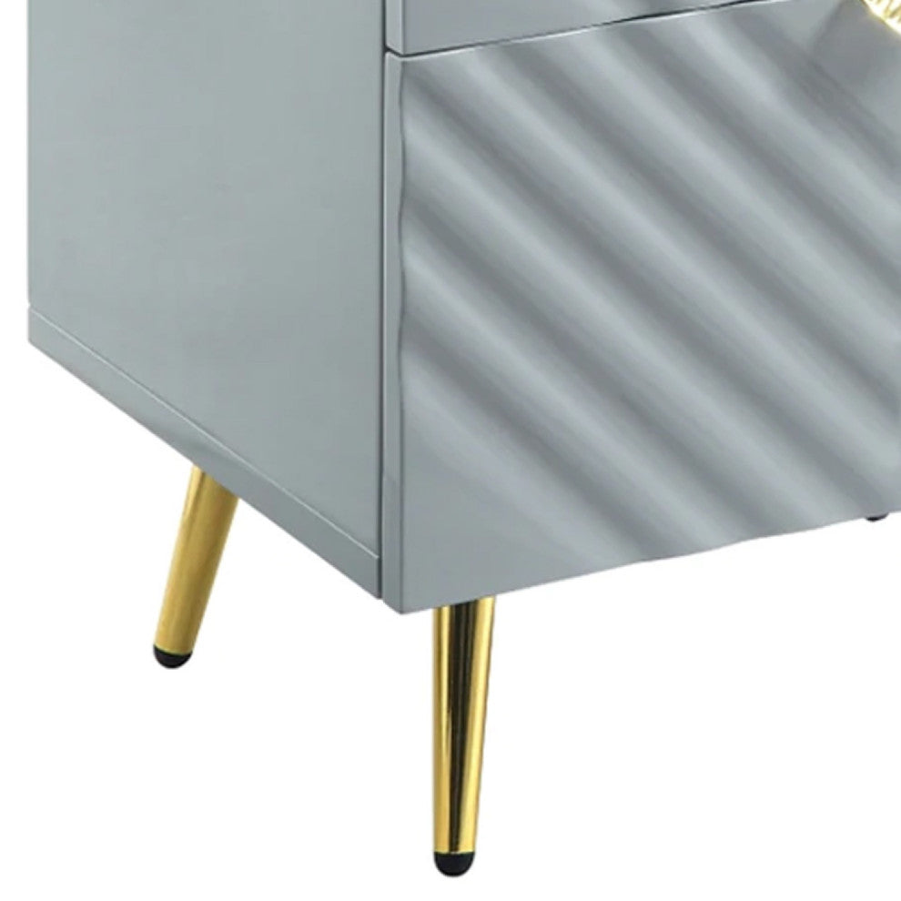 Benzara BM275526 Wood Nightstand, Textured Wavy Design, Gold Metal Legs, Gray