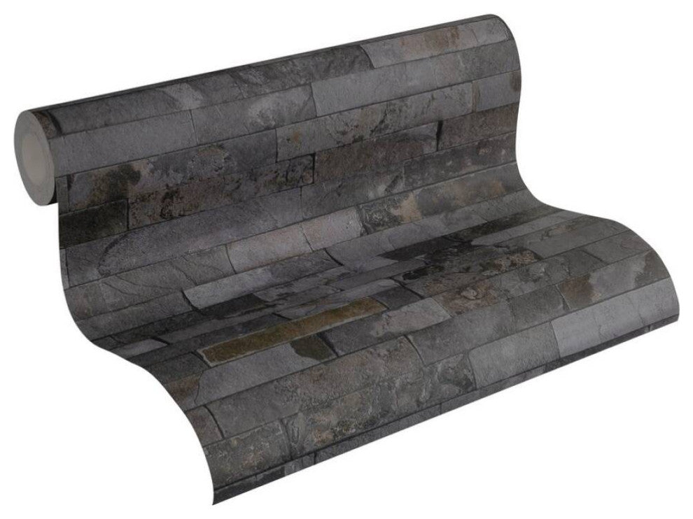 Faux Textured Wallpaper, Stone Wall, Black Gray, One Roll
