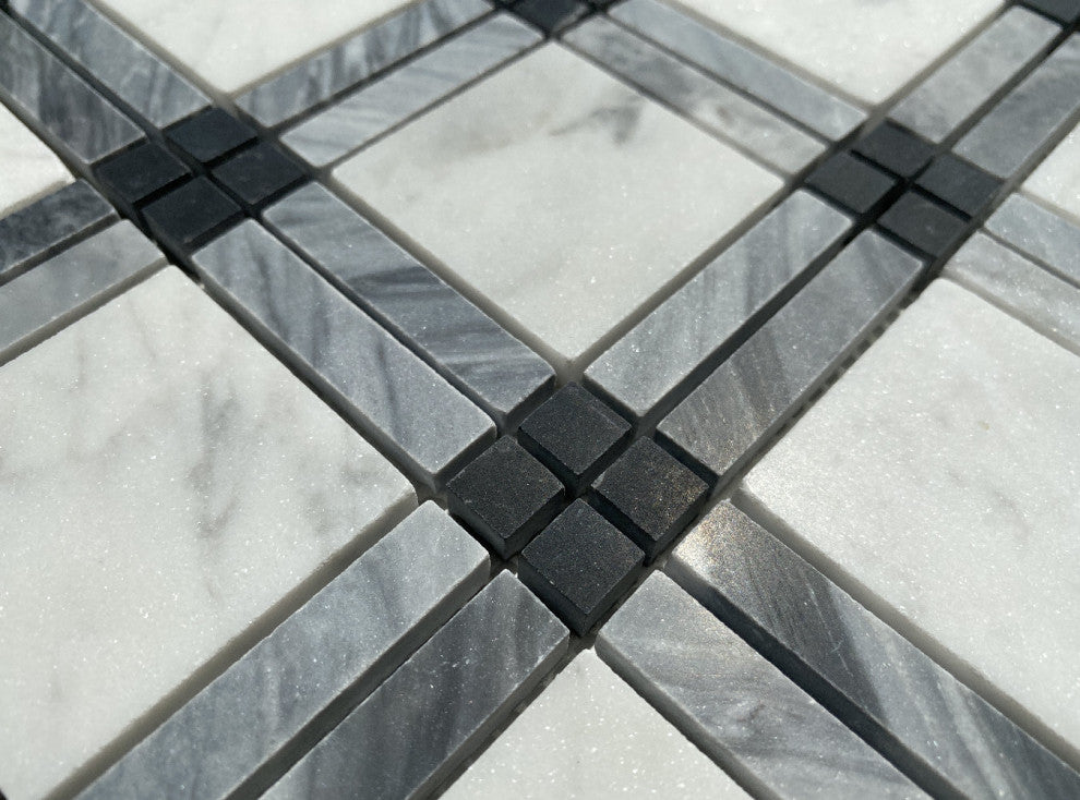 Carrara White Black Gray Marble Plaid Tartan Wall Floor Tile Matte, 1 sheet
