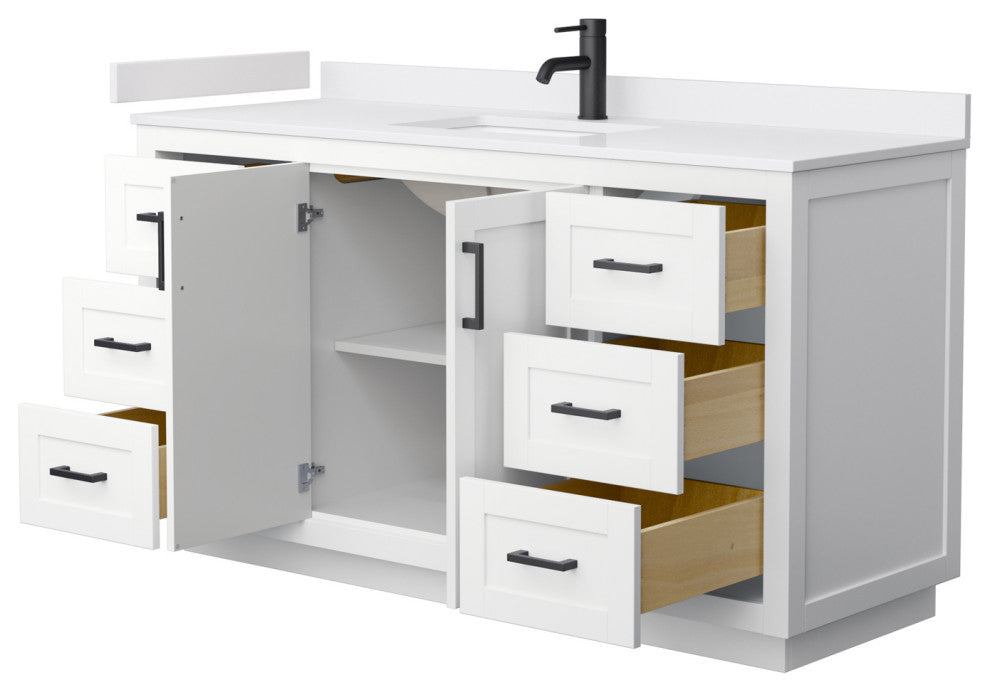 Miranda 60" White SGL Vanity, White Cult. Marble Top, Black Trim