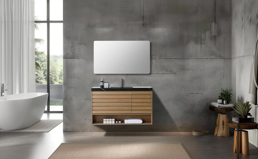 Matera Wall Mount Modern Bathroom Vanity, Pecan Oak, 48", Black Countertop