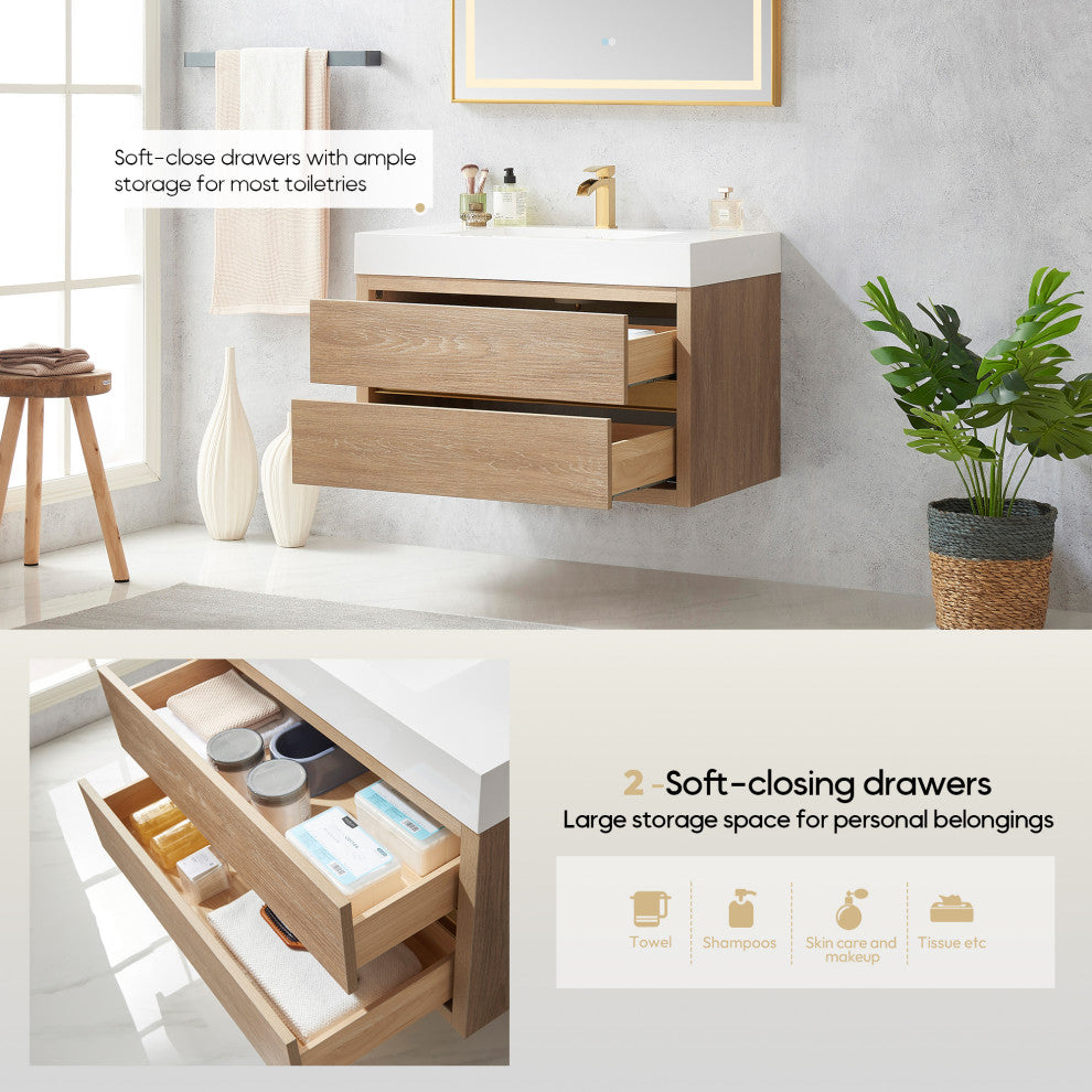 Palencia Floating Bath Vanity With Composite Stone Top, North American Oak, 36", No Mirror