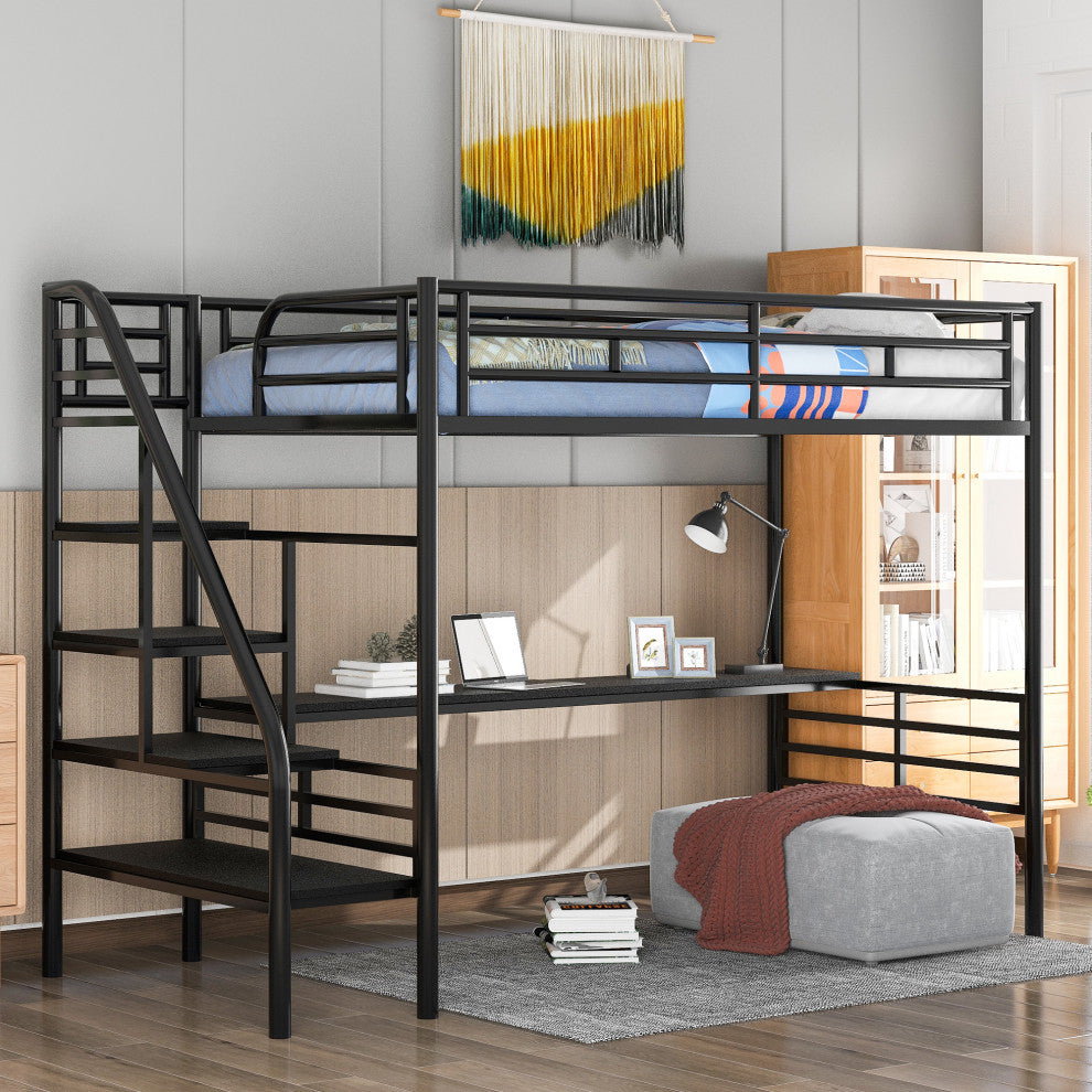 Gewnee Metal Loft Bed Frame with Desk, No Box Spring Needed,Twin,In Black