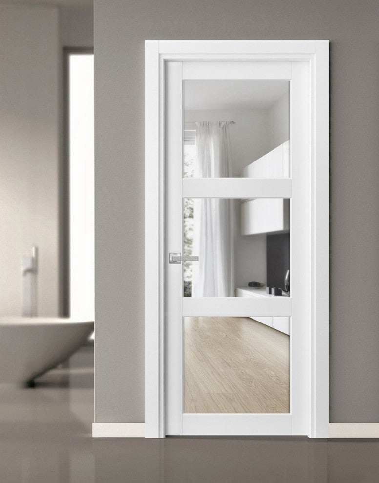 Slab Barn Door Panel Clear Glass 3 Lites 30 x 80, Lucia 2555 Matte White