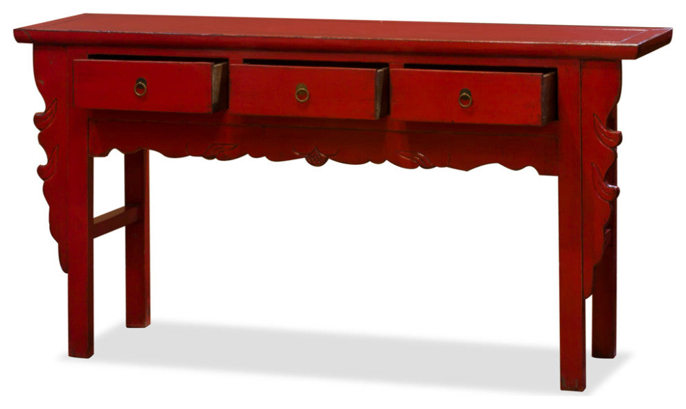 Vintage Distressed Red Elmwood Oriental Console Table with Drawers