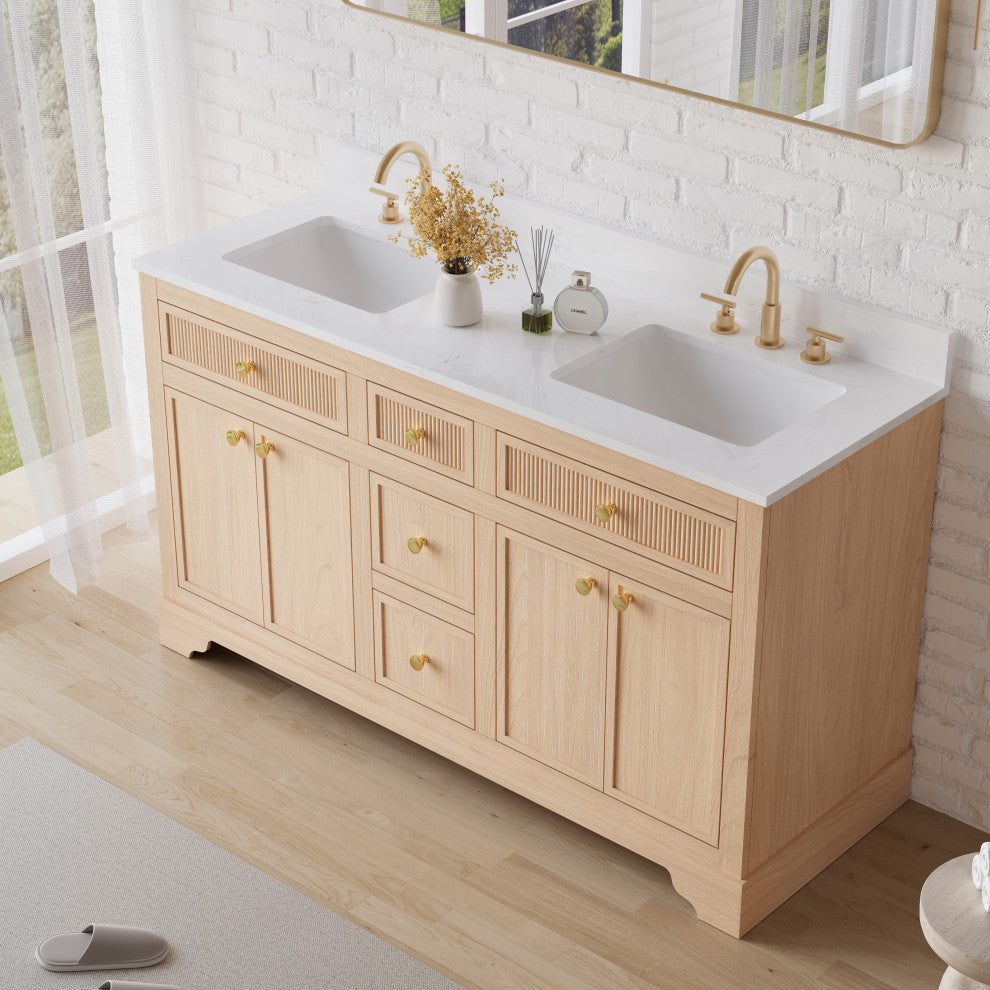 Solid Wood Bathroom Vanity with Carrara White Quartz Top, CUPC-certified Sink, 60"