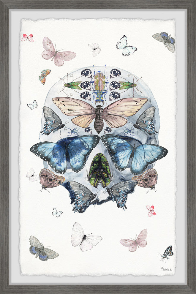 "Blooming Butterfly Skull" Framed Painting Print, 24"x36"