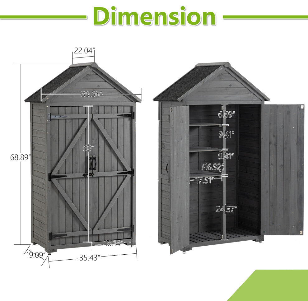 Outdoor Storage Shed with 3 Removable Shelves and Waterproof Roof, Gray