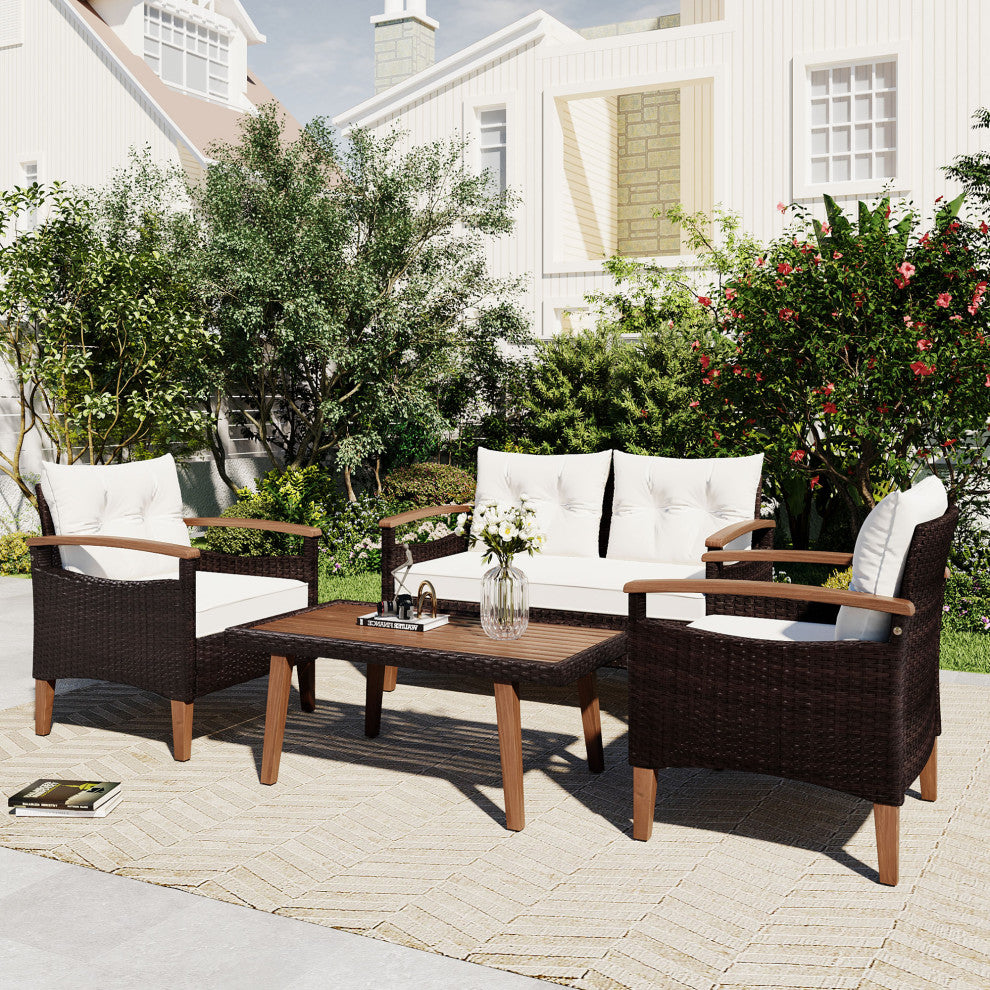 4-Piece Outdoor Wicker Patio Sofa Set with Wood Table and Removable Cushions, Beige
