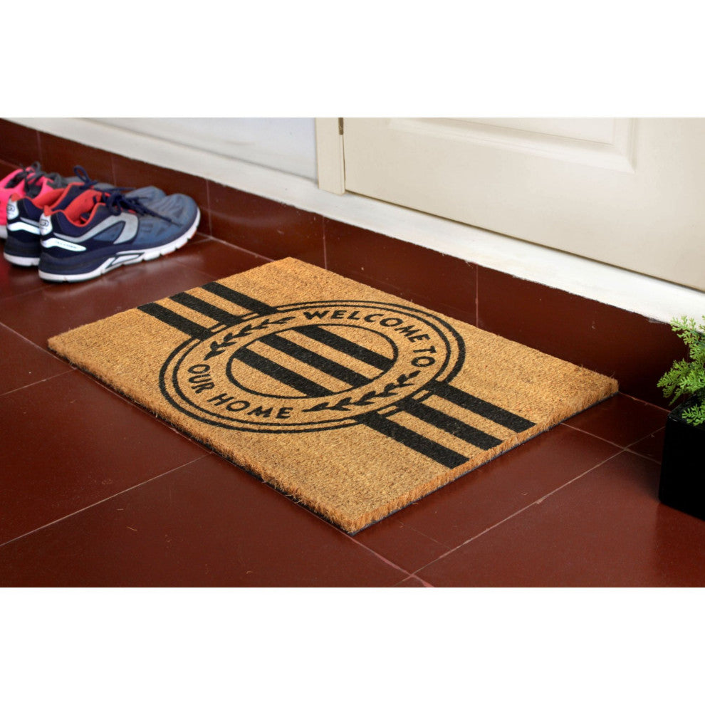 Black Machine Tufted Welcome to our Home Stripe Doormat, 18" x 30"
