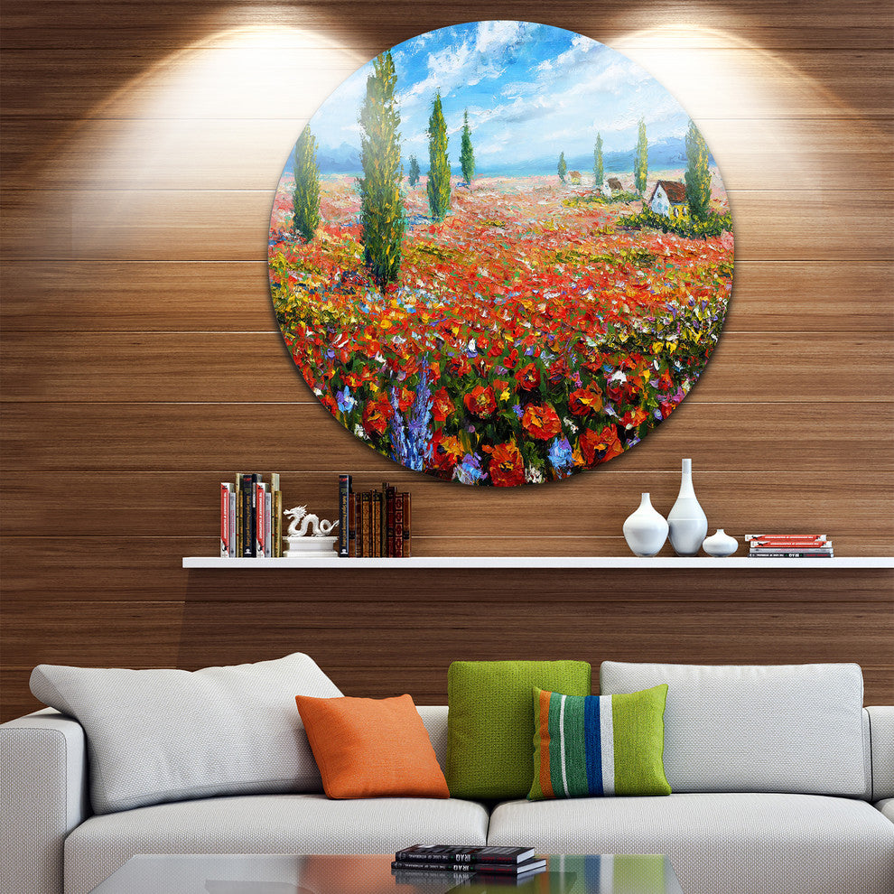 Red Poppies Field Watercolor, Flower Disc Metal Wall Art, 11"