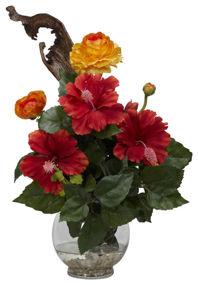 Hibiscus and Ranunculus With Fluted Bowl Silk Flower Arrangement
