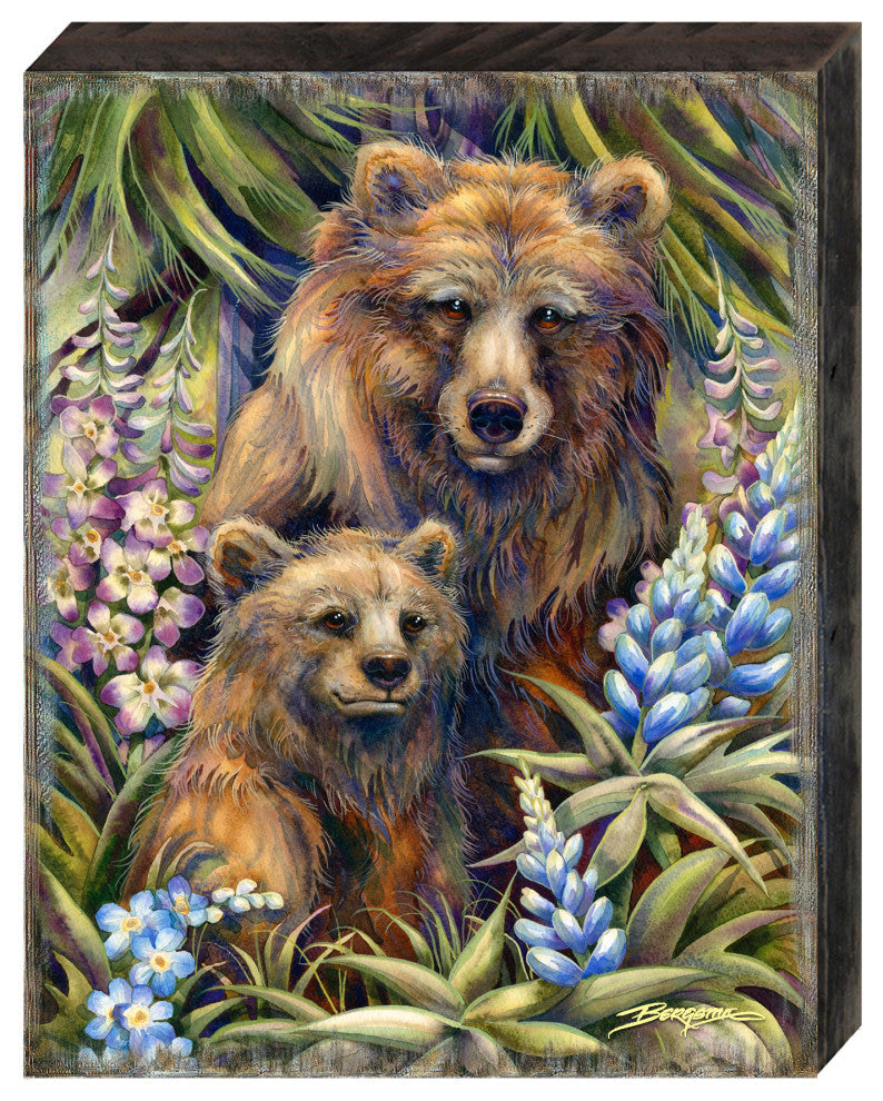 Grin and Bear it Grizzly Mother and Cub Wooden Wall Art, Small 12x9
