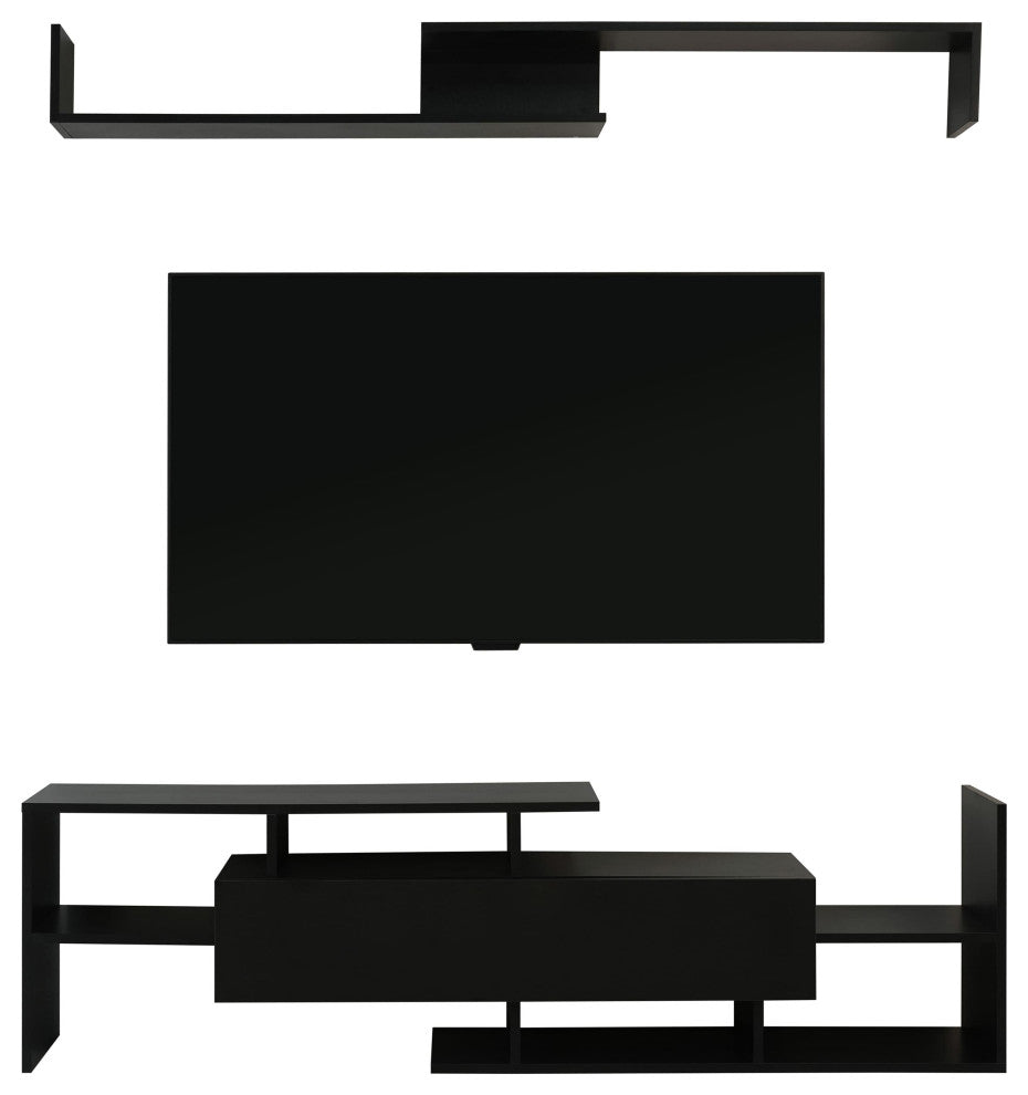 60.2'' 2 Pc 1-Drawer Floating TV Stand Media Console with Open Shelves, Ebony