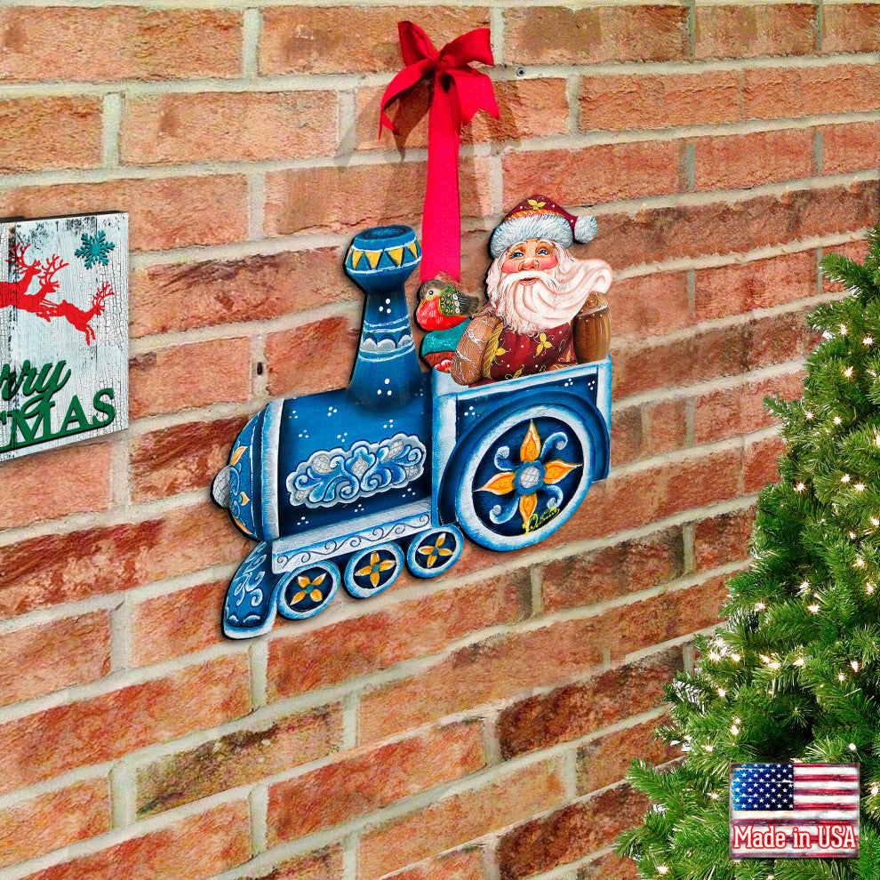 Train Riding Santa, Wooden Decorative Door Hanger