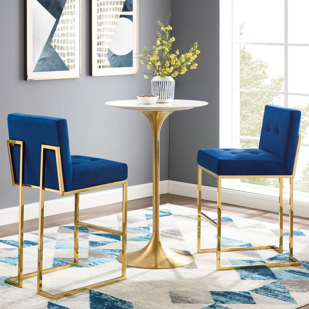 Bar Stool Chair Barstool, Set of 2, Velvet, Gold Blue Navy, Bar Pub Cafe Bistro