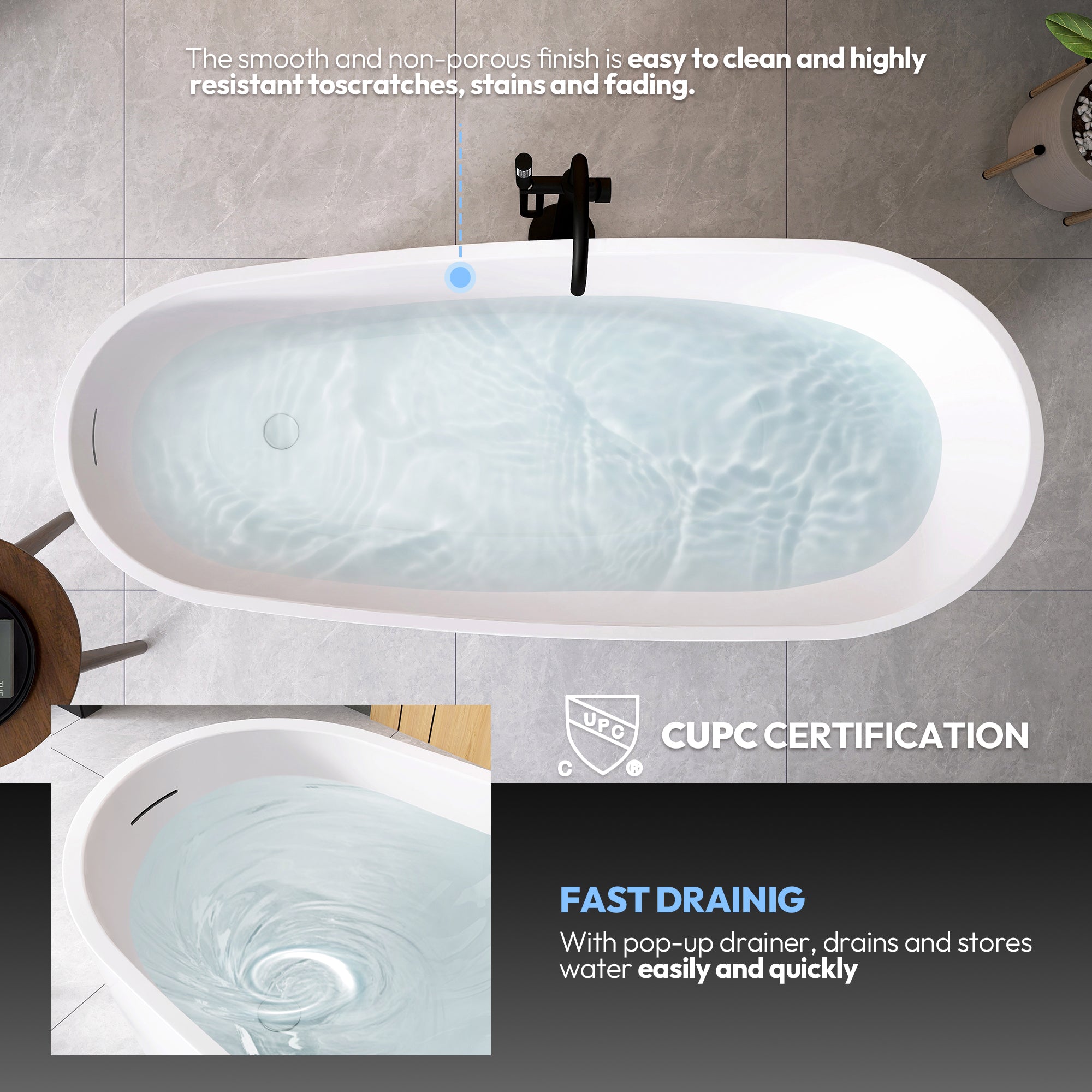 Lahore Freestanding Acrylic Soaking Bathtub, White, 66.9"l X 29.1"w