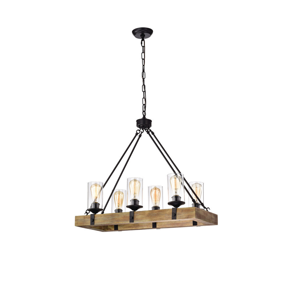 6-Light Matte Black and Vintage Wood Farmhouse Linear Chandelier Clear Glass