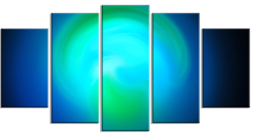 Blue Misty Sphere on Black, Contemporary Canvas Art Print, 60"x32", 5 Panels