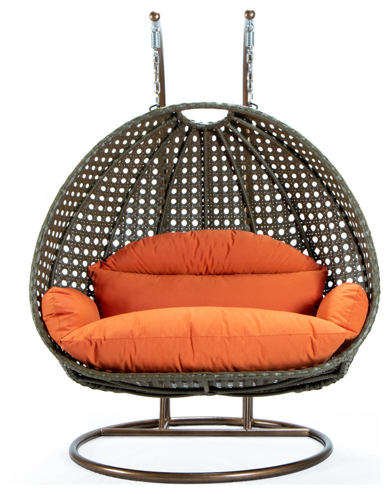 2 Person Beige Wicker Double Hanging Egg Swing Chair, Orange