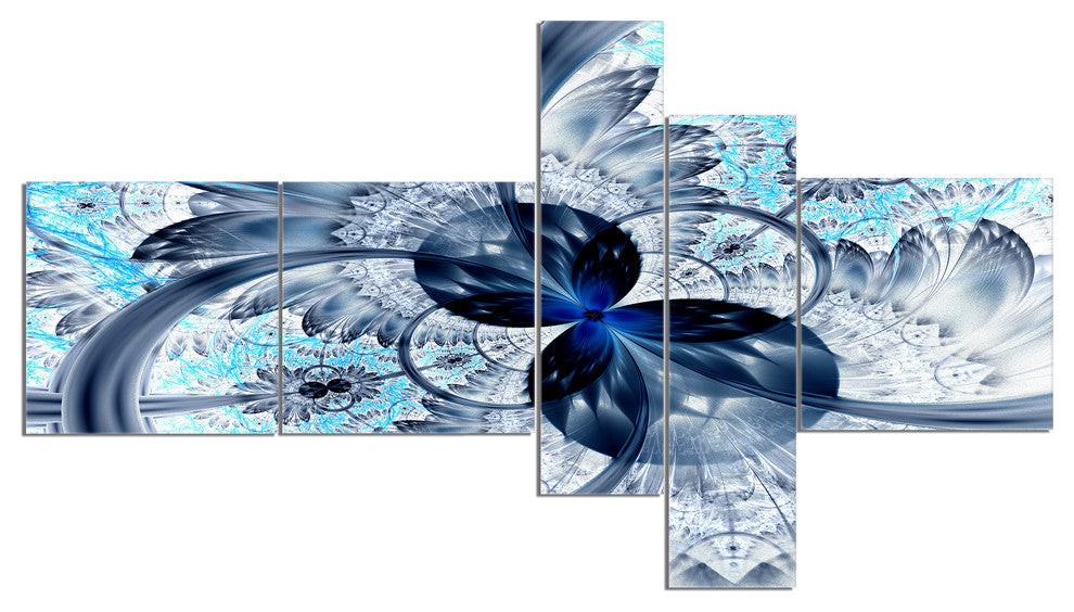 Dark Blue Purple Fractal Flower, Abstract Canvas Art Print, 60"x32", 5 panels