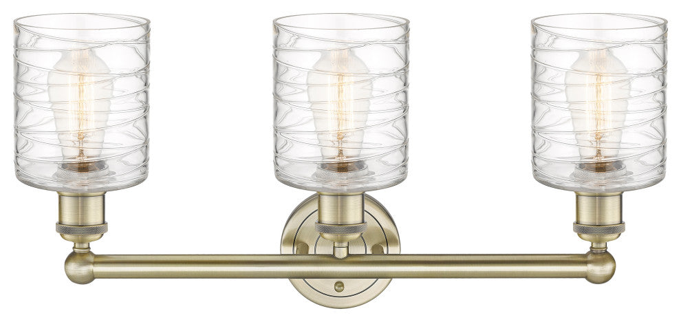 Edison Cobbleskill 3-Light 23" Vanity Light, Antique Brass With Deco Swirl Shade