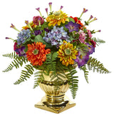 14" Mixed Floral Artificial Arrangement, Gold Urn