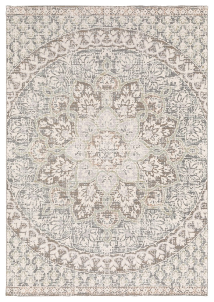 HomeRoots 5' x 8' Ivory Grey Distresed Oversize Medallion Indoor Area Rug