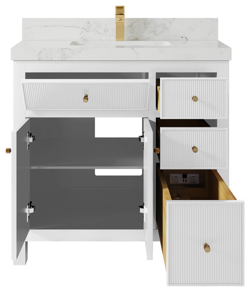 Sonoma 36 Center Sink Reeded Bath Vanity in White 2" Calacatta Nuvo