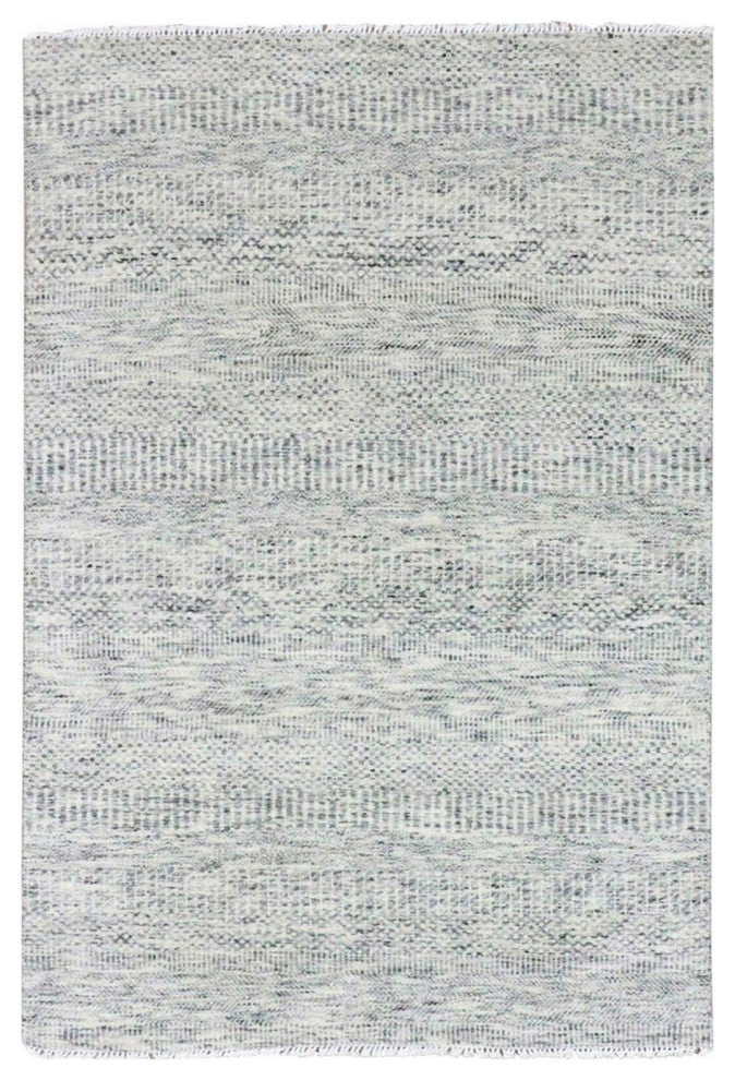 Platinum Gray Modern Grass Design Pure Undyed Wool Hand Knotted Rug, 4'x6'4"