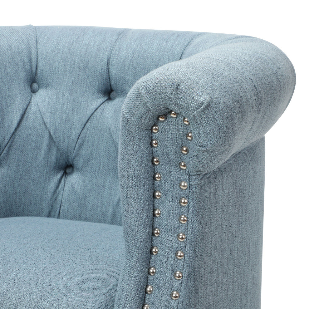 Leila Petite Tufted Fabric Chair and Ottoman Set, Light Blue, Dark Brown