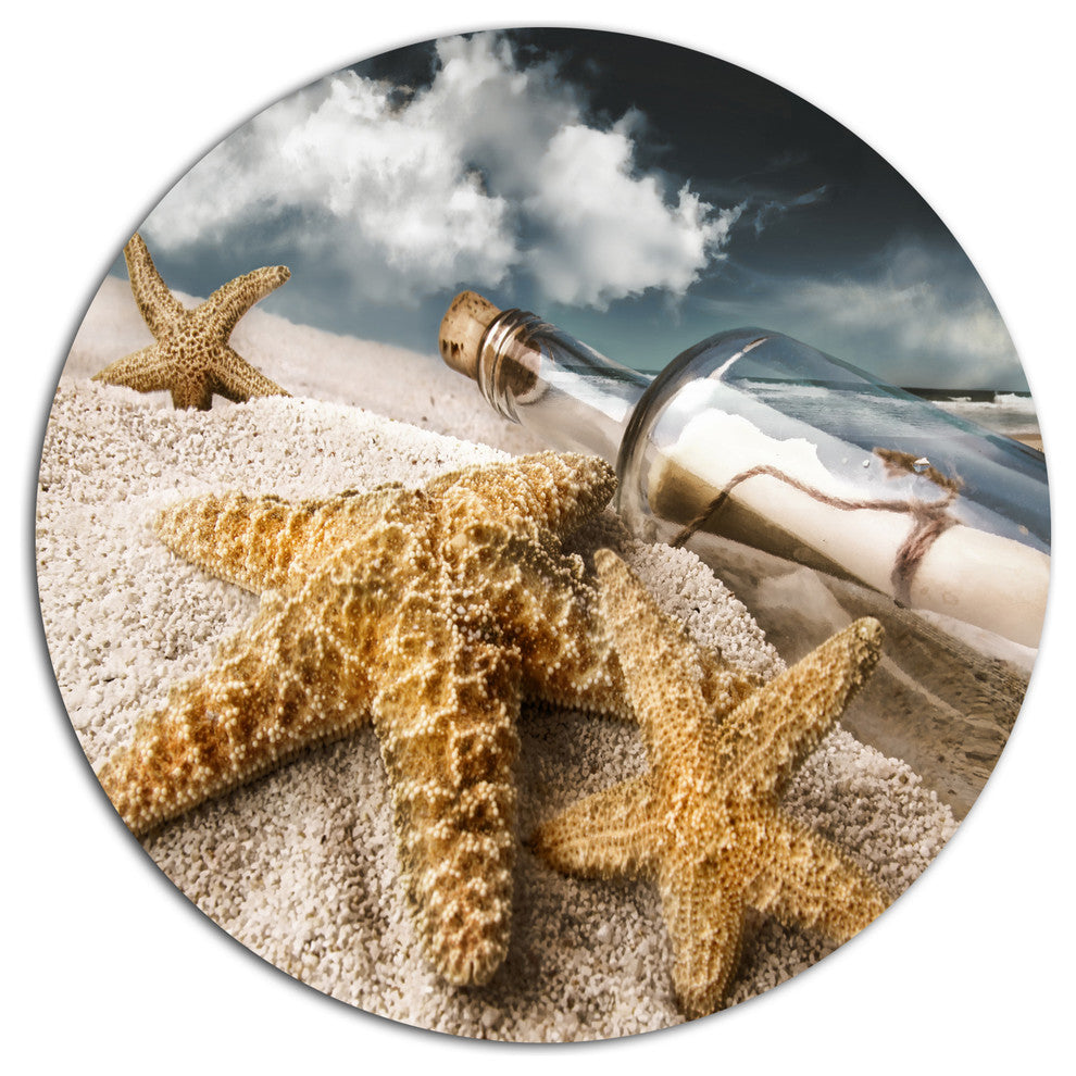 Message Bottle Buried In Sand, Seashore Round Wall Art, 11"