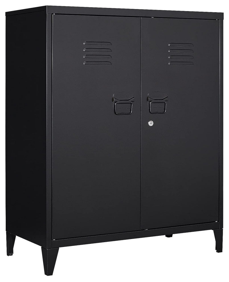 Metal Storage Cabinet, 2 Doors & 2 Shelves, 35.5", Black, With Legs