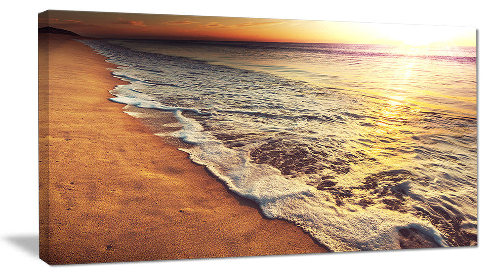 "Foaming Waves At Sea Sunset" Modern Beach Canvas Art Print, 32"x16"