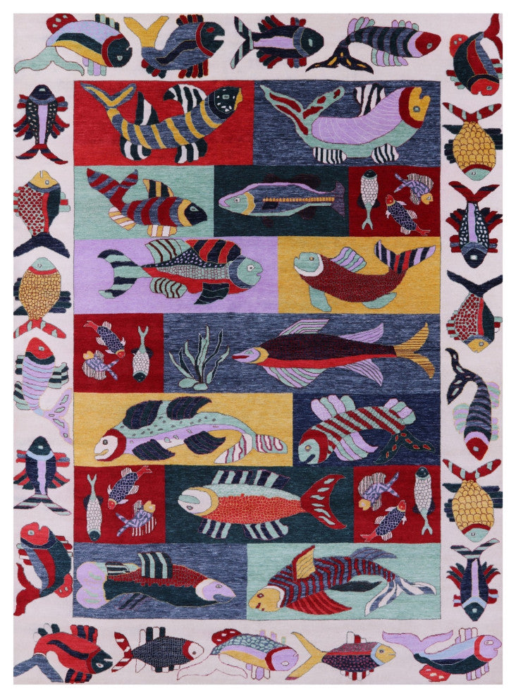 8' 11" X 12' 3" Gabbeh Fish Design Hand Knotted Wool Rug - Q13525