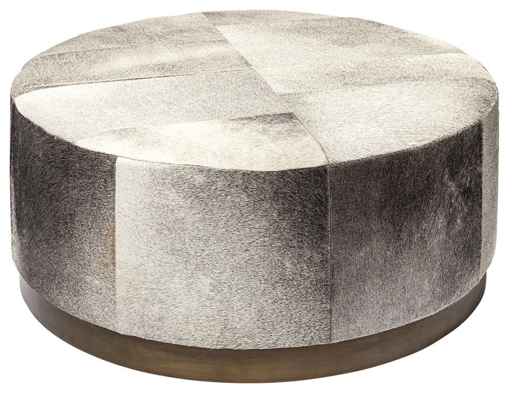 Gray Cowhide Round Ottoman With Metal Base