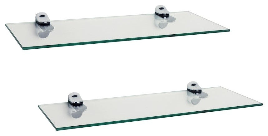 16"x6" Glass Floating Shelves With Chrome Brackets, Set of 2 , Clear