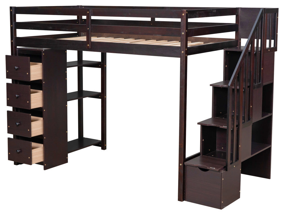 Gewnee Wood Twin Loft Bed with Storage Drawers and Stairs in Espresso