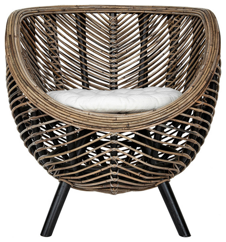 Benzara BM285199 27" Accent Chair, Rattan Frame, Curved Round, Brown, Black