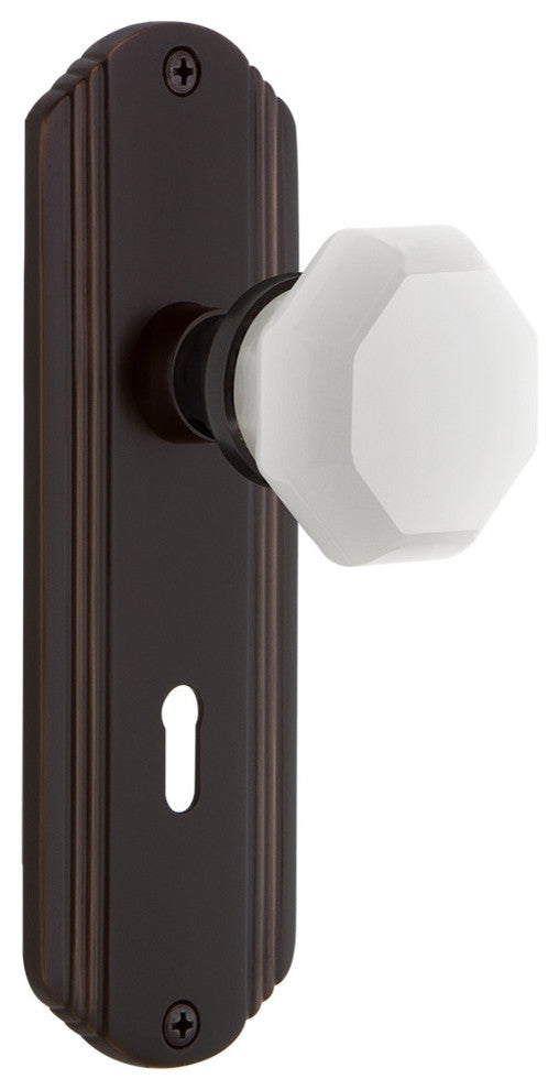 Deco Plate with Keyhole Passage Waldorf White Milk Glass Knob, Timeless Bronze