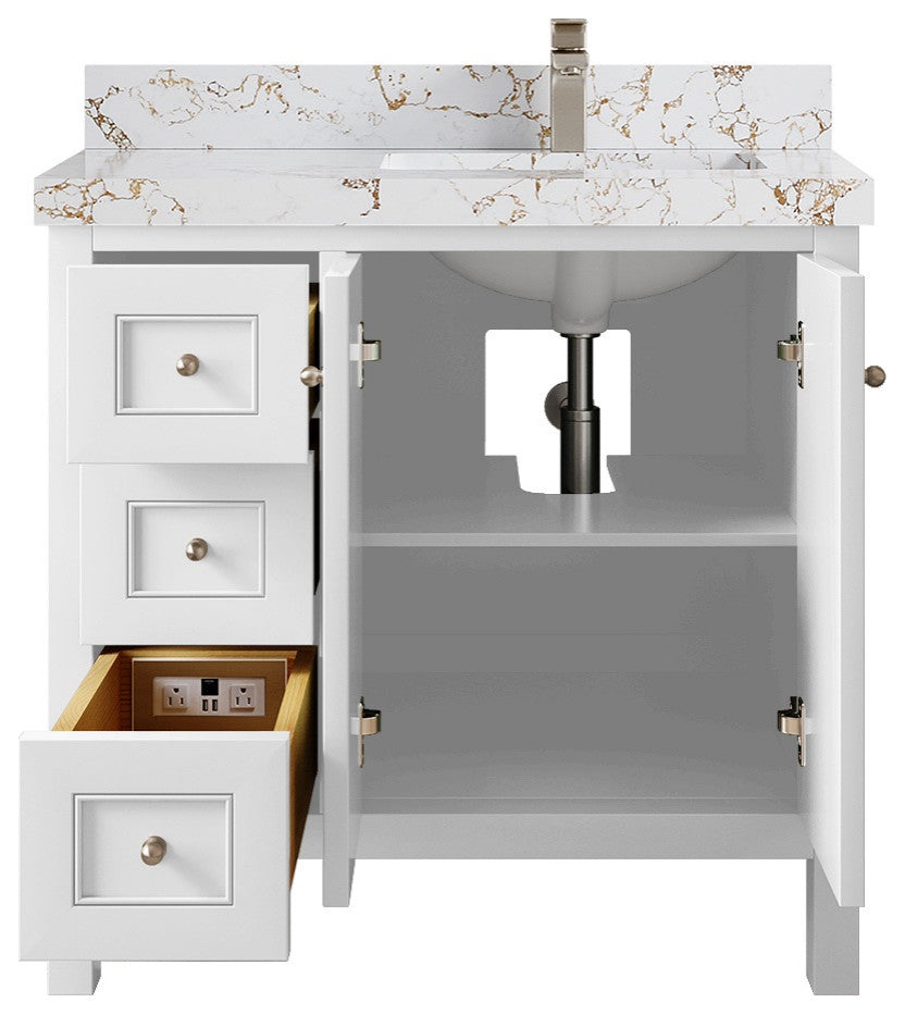 Nashville 36" Right Offset Bath Vanity, White 2" Viola Gold