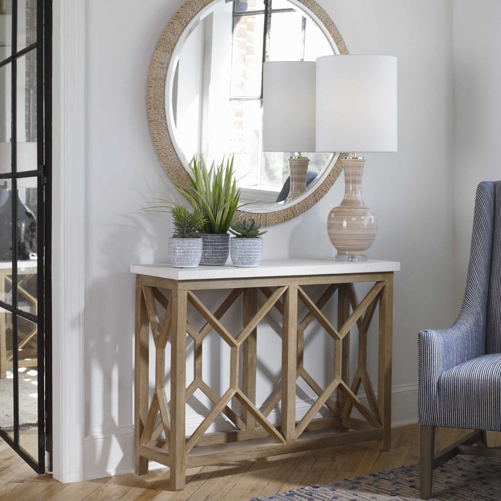 Open Light Weathered Wood Console Table, Stone Top X Natural