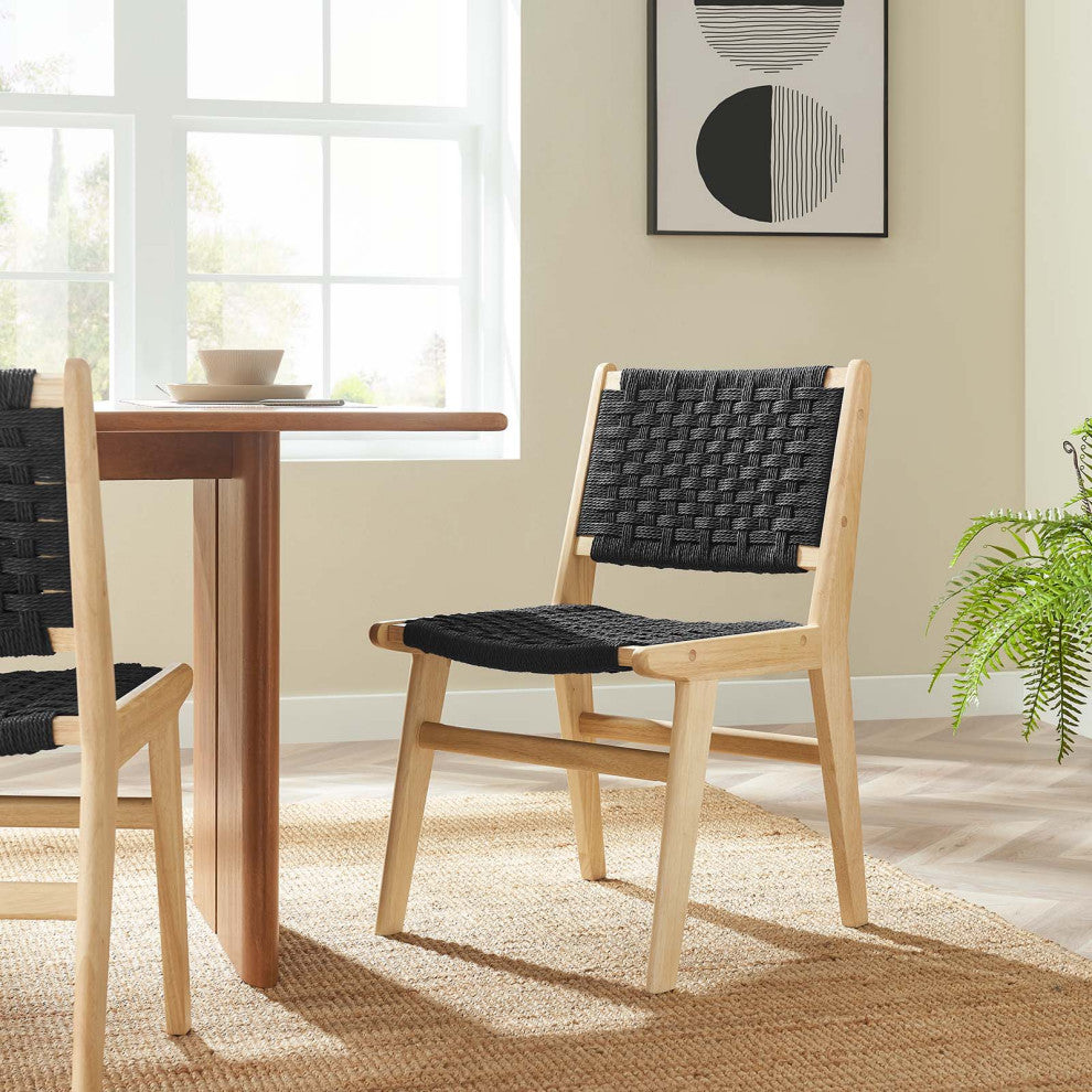 Saoirse Woven Rope Wood Dining Side Chair, Set of 2, Natural Black