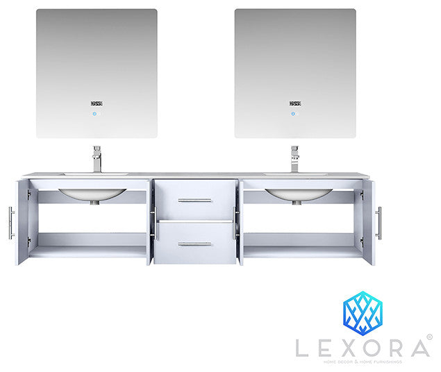 Geneva Transitional Glossy White 80" Double Vanity with 30" Led Mirrors, no Top