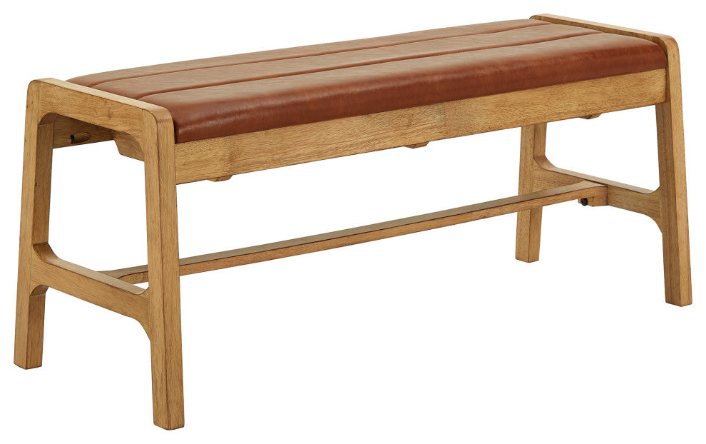 Roros Modern Scandinavian Light Oak Finish Caramel Faux Leather Cushion Bench